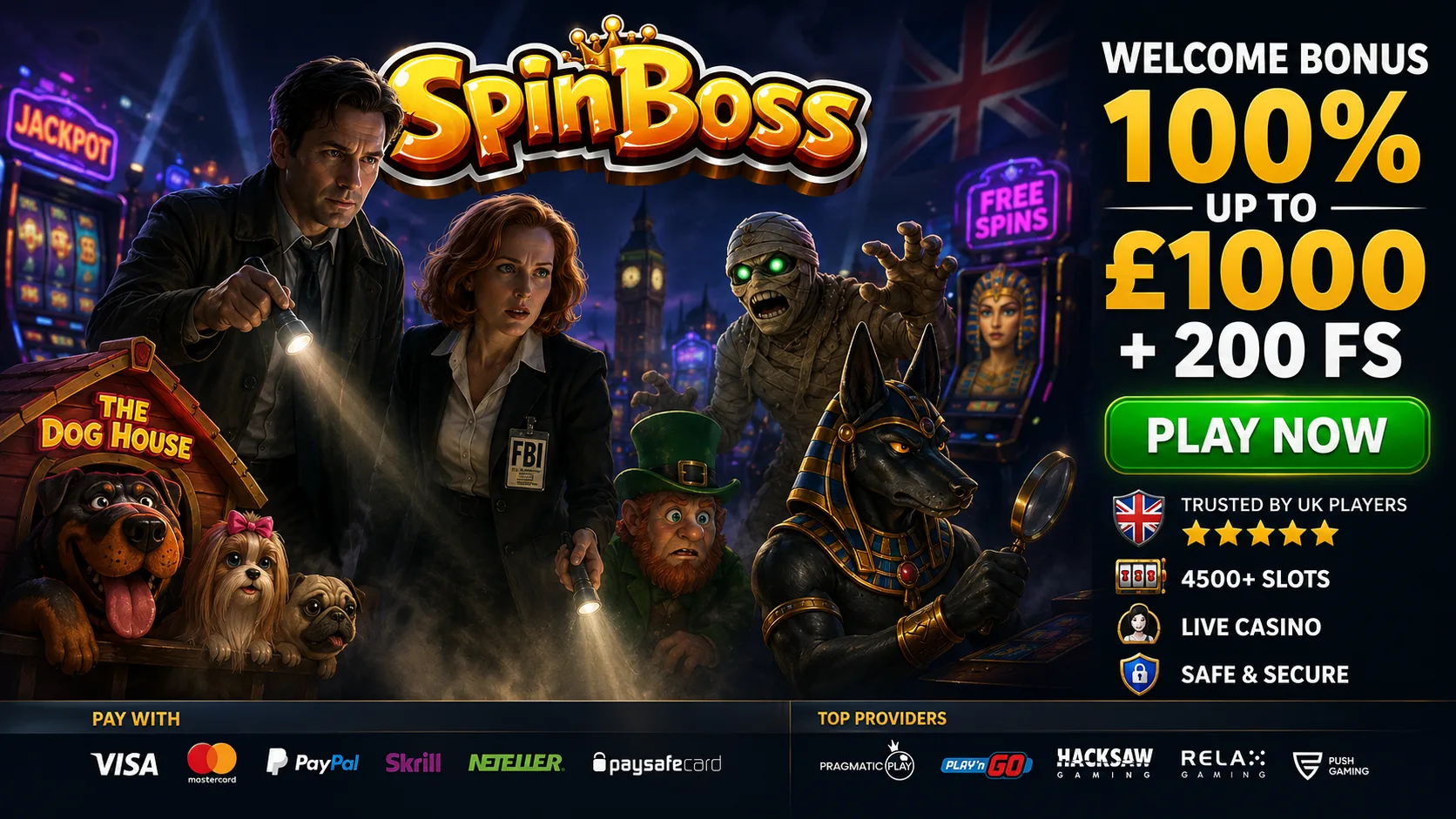 Spinboss welcome bonus art: detectives, a mummy and Anubis on a London night street