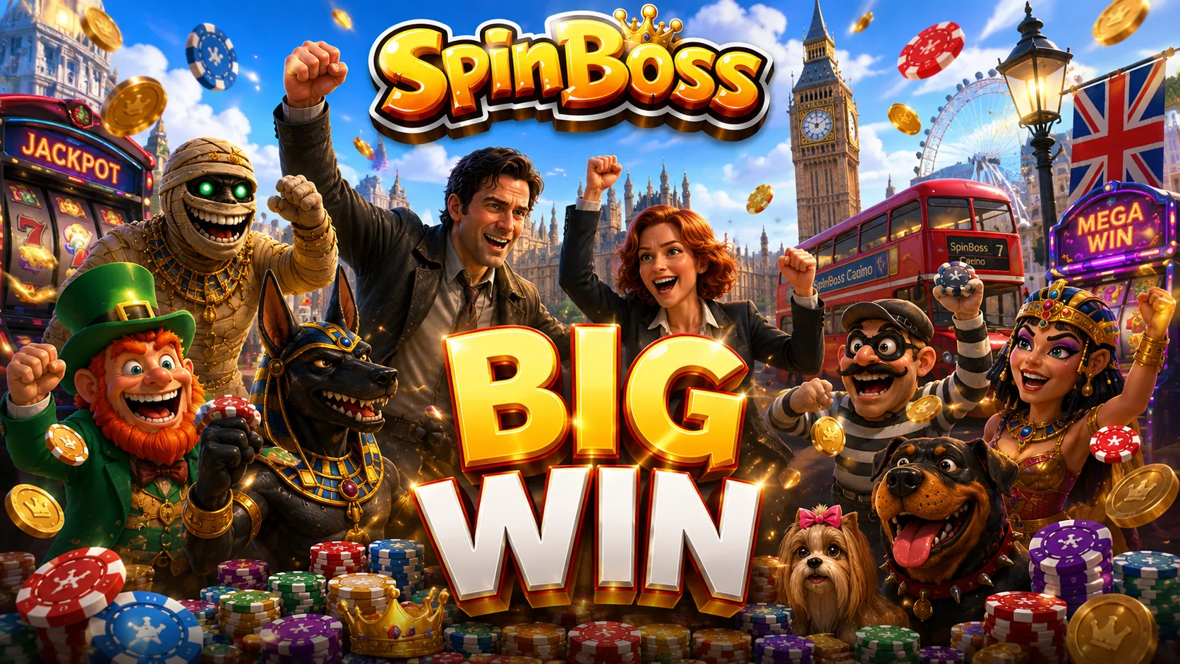 Spinboss characters celebrating a big win in London