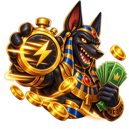 Anubis holding a stopwatch and cash — fast Spinboss payouts