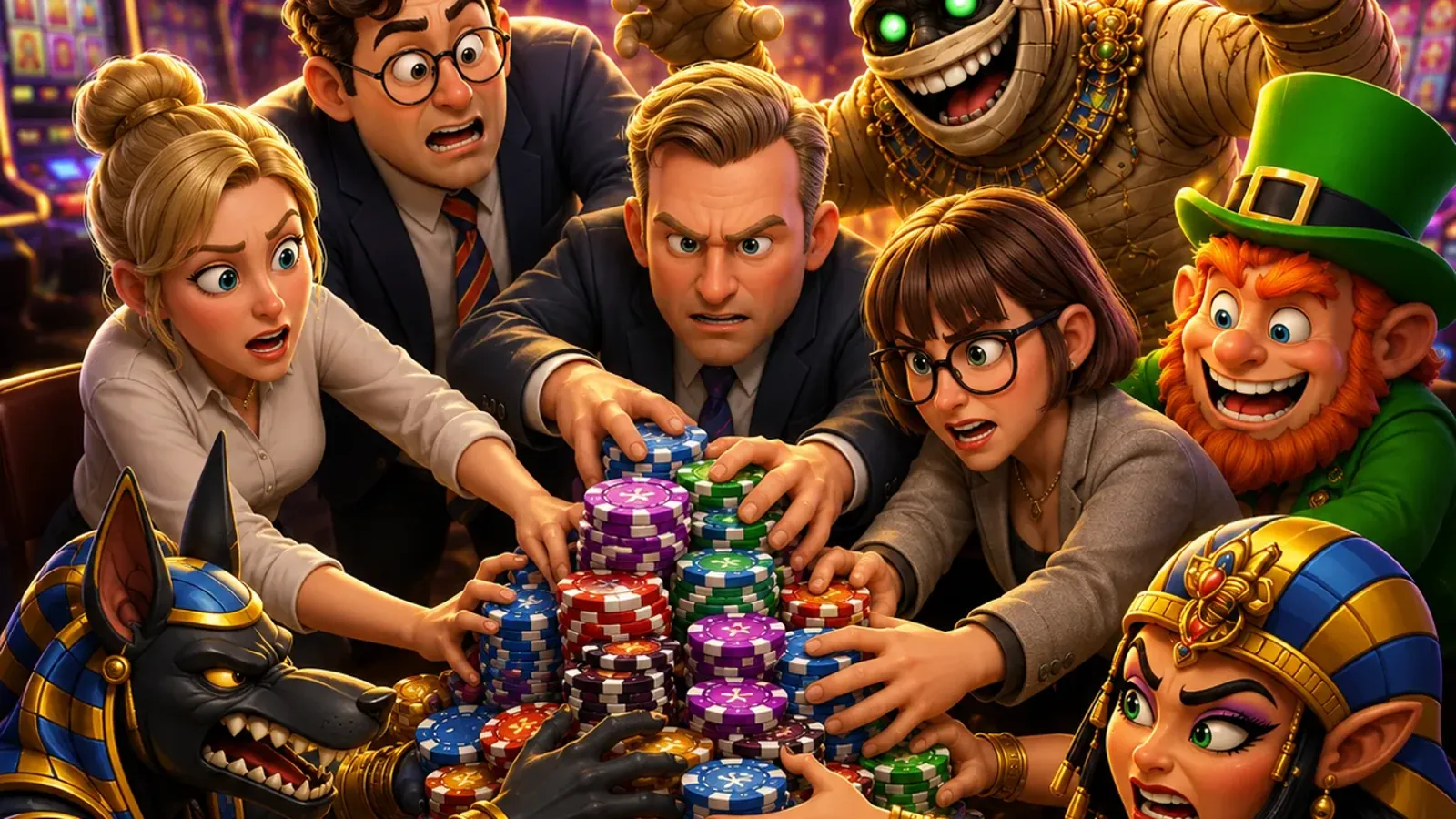 Spinboss characters reaching for a pile of casino chips
